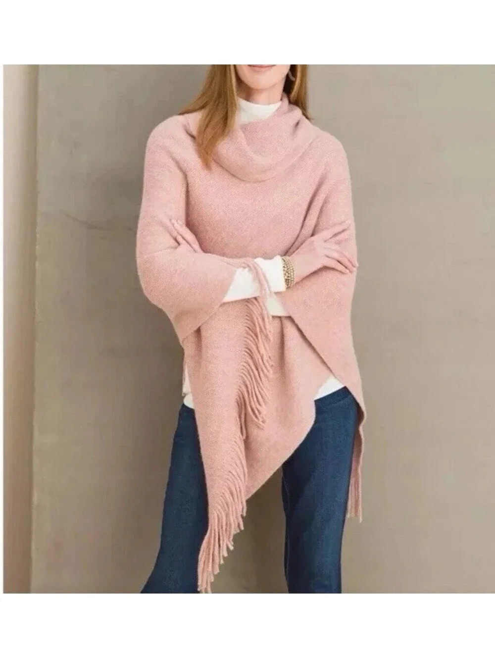 NWT Chico’s Cozy Stripe Cowl Neck Poncho Rose Pink Metallic Fringed One Size